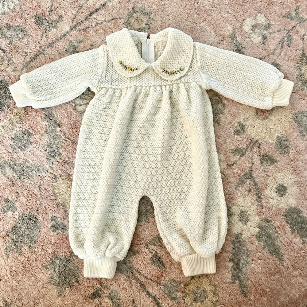 Vintage Knit Baby Onesie with Peter Pan Collar